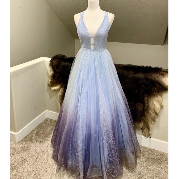 Stunning Blue Gradient V-Neck Sequined Ballgown - Picture 1 of 17